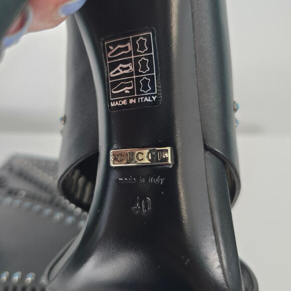Gucci Lika Laser Cut Black Leather Jewel Studded Heeled Open Toe Booties 40 - Picture 12 of 15